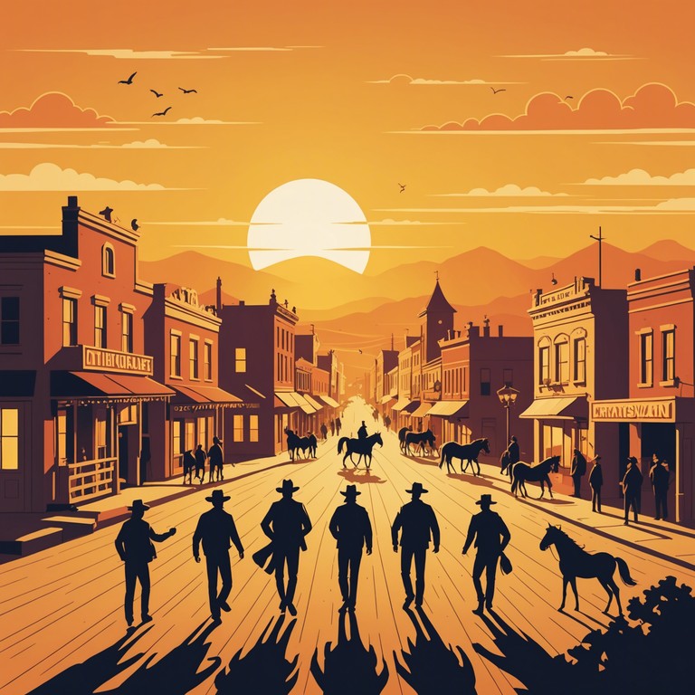 This composition captures the essence of a cheerful, sunny morning in the old west, where the warmth of the sun lifts the spirits of travelers and townsfolk alike. The music is lively, featuring a steel guitar that echoes the bright, optimistic day on a bustling western frontier, inviting listeners to tap their toes to its happy rhythm.