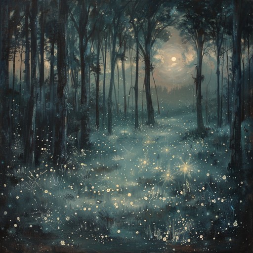 A realm where shadows dance and the moon's glow weaves through ancient trees, painting an ethereal scene. The harp strings pluck delicate melodies as whispers of wind and nocturnal creatures create a mysterious palette. Echoes of unseen spirits add a layer of intrigue to this enchanted forest trek.