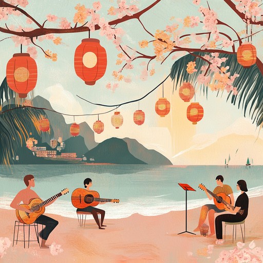 A unique instrumental song that fuses festive bossa nova rhythms with traditional japanese koto melodies, creating a harmonious blend of brazilian and japanese musical elements. The track features gentle guitar, rhythmic percussion, and the ethereal sound of the koto, evoking a celebratory atmosphere during cherry blossom season.