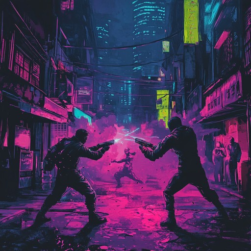 This gritty instrumental captures the essence of a cyberpunk street fight under vibrant neon lights. Electric guitars and rapid electronic beats set a tense and chaotic atmosphere, portraying the high stakes and relentless action of a futuristic showdown.