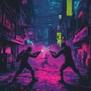 intense cyberpunk battle in neon lit urban landscape