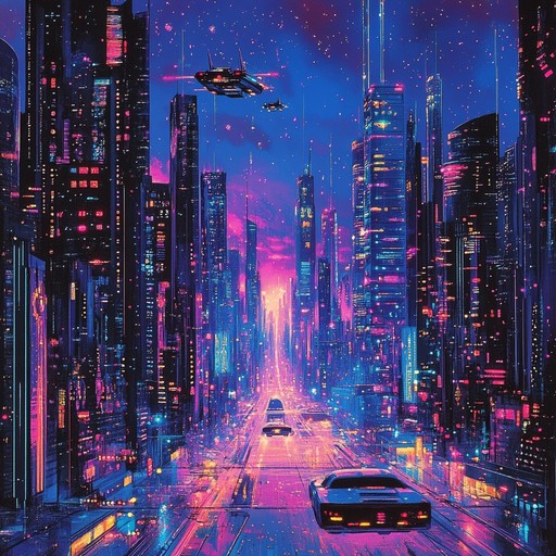 Embark on an exhilarating instrumental journey through the pulsating heart of a futuristic metropolis. Neon lights flicker and holographic ads shimmer as driving synth melodies and energetic beats propel you through the cybernetic streets, invoking a sense of hope and adventure in a high tech world.