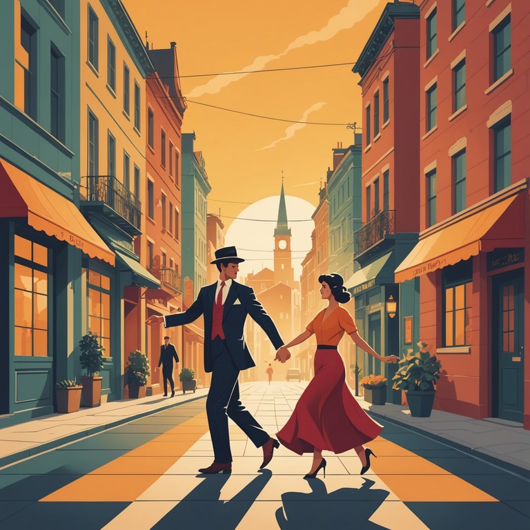 A fresh morning where the world awakens to the sounds of a cheerful tango, dancers gather in a picturesque square, their movements perfectly synchronizing with the optimistic, lively beats played by a solo bandoneón.