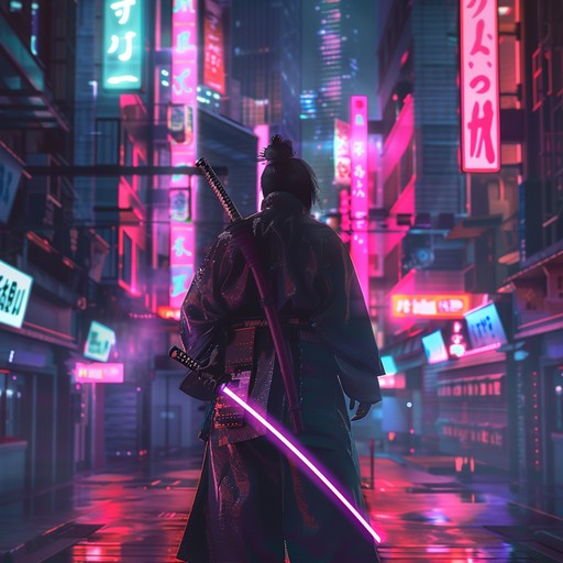 An electrifying anime inspired instrumental blending traditional japanese melodies with modern synth beats. The music builds up to valiant crescendos, symbolizing strength and determination. Futuristic sounds and powerful rhythms encapsulate the rise of a neon samurai within a bustling cyberpunk city.