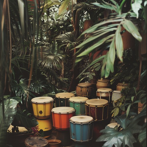 Immerse in energetic tribal rhythms set against the backdrop of a lush jungle, utilizing traditional percussion instruments to create a vibrant, tribal stomp beat that transports listeners to an exotic, wild landscape teeming with life.