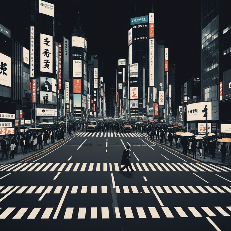 Capturing shibuya's transformation from the bustling hub of tokyo into an almost spectral district under the moonlight. The piece explores the dichotomy between the noisy day life and the secretive quiet of the night through the haunting plucks of the shamisen, hinting at old stories hidden within the modern landscape.