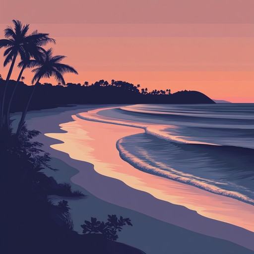 Picture a warm summer evening by the beach, where the sun sets slowly, casting an orange pink hue across the sky. Gentle waves lap the shoreline, and a cool breeze rustles the palm trees. Synths create a sparkling melody, mixed with a laid back beat, inviting listeners to unwind and drift into a tranquil state of mind