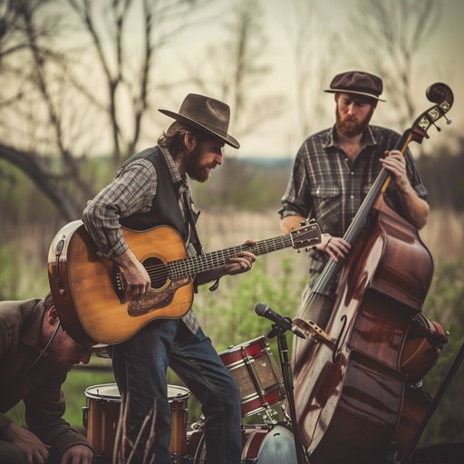 This track should capture the essence of traditional bluegrass but with a modern twist. The banjo leads with a fast-paced, infectious melody that hooks listeners immediately. Accompanying the banjo, subtle fiddle strokes and a steady bass line should emphasize a lively, toe-tapping rhythm that embodies both the rural spirit and the contemporary energy of today’s music scene. The overall composition should feel both nostalgic and fresh, inviting both traditional bluegrass lovers and modern folk enthusiasts.