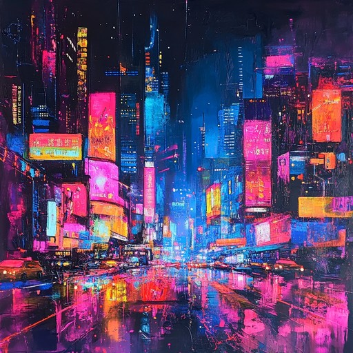 A pulsating grime track laced with shimmering futuristic synths, depicting the vibrant, chaotic hustle of a neon lit cityscape at night. The high energy beats drive the fast paced life while the synths add a modern, cutting edge feel, capturing the essence of urban intensity and innovation.