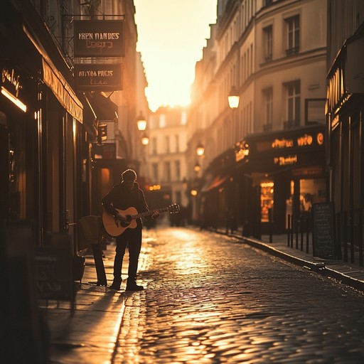 A gentle guitar strums a nostalgic tune, taking listeners on a romantic stroll through paris at sunset. The serene ambiance combined with the beautiful melody evokes feelings of blissful love and enchanting memories. Perfect for a quiet evening or a heartfelt moment.