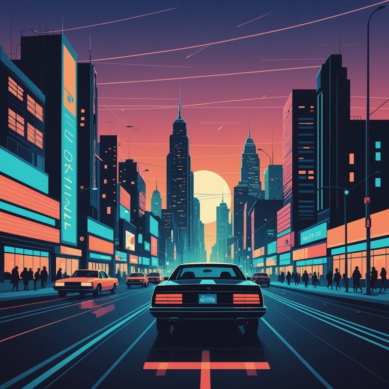 Imagine racing through an urban landscape under a sky lit by the pulse of neon adverts and a crescent moon, where each beat in the melody marks your accelerated heartbeat.