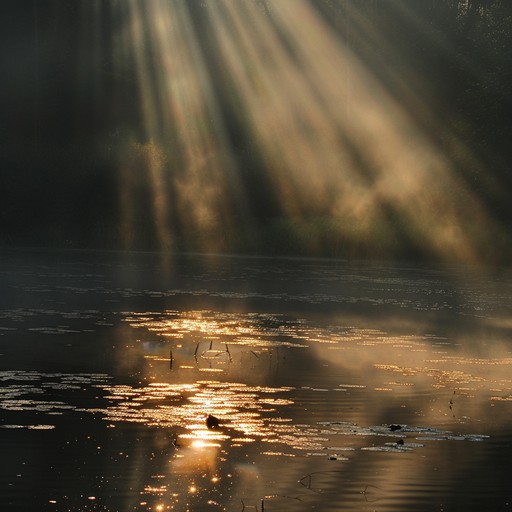 Imagine a tranquil pond surrounded by lush greenery, with gentle sunbeams filtering through the morning mist, creating an enchanting play of light on the water's surface. This composition captures the essence of that peaceful moment, with soft, shimmering tones and a soothing melody that ebbs and flows like ripples on the pond.