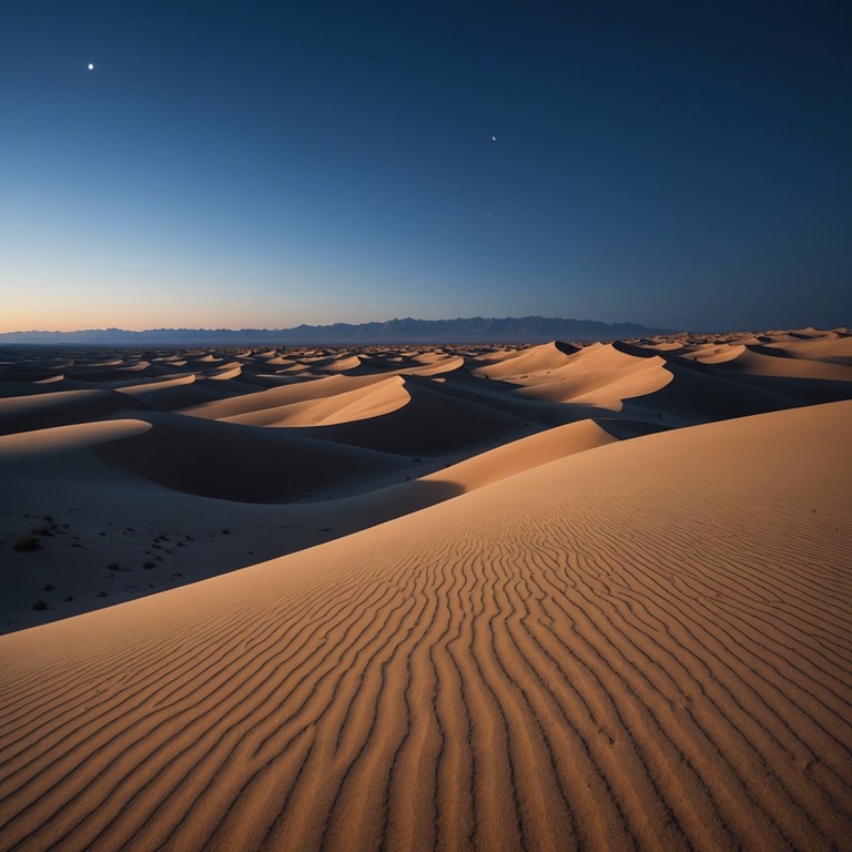 A track that captures the essence of a mystical journey through vast desert landscapes under a starlit sky. The music evokes the sheer enormity and profound solitude of the desert, accented by the haunting sounds of a duduk which leads the melody, enriched by deep, resonant echoes that mimic the boundless environment.