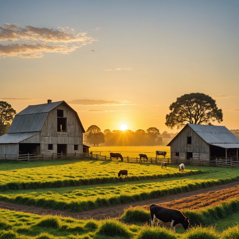 A lively country track filled with the essence of a sunny morning on a bustling farm, this piece captures the heartwarming buzz of rural life. Joyful melodies mimic the early morning chirping of birds and the bustle of farm animals waking up. This tune carries the listener through a day filled with sunshine, hard work, and natural beauty, culminating in the contented quiet of early evening.