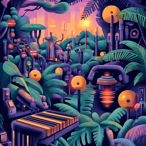 An energetic instrumental track that blends mechanical electronic beats with organic jungle rhythms, transporting listeners to a futuristic rainforest where technology and nature intertwine.