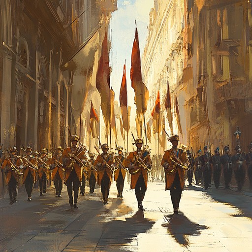 An energetic and uplifting instrumental that combines traditional military marching rhythms with cheerful, celebratory melodies. Perfect for fostering a sense of triumph and unity, this composition employs brass, percussion, and woodwinds to create an atmosphere of grand celebration