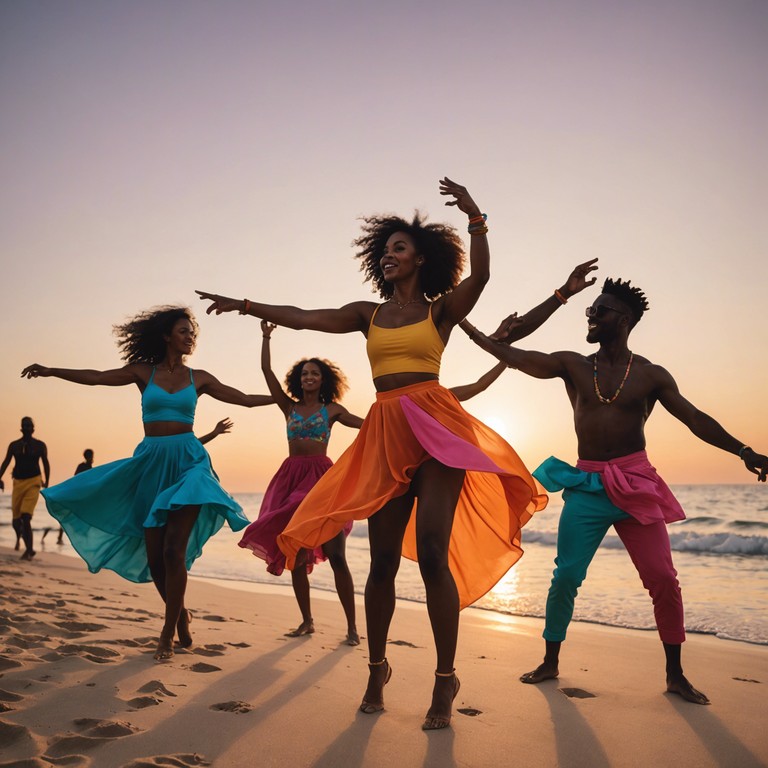 Imagine a lively scene on a picturesque beach at sunset, where the warmth of the sun meets the joyful hearts dancing to the rhythm of traditional cumbia. Utilizing prominent accordion melodies, the song embodies the spirit of a festive latin evening by the sea.