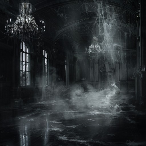 A mysterious and ghostly baroque composition featuring somber harpsichord and strings, invoking an ancient, cursed ballroom setting where shadows whisper secrets, creating an air of deep, chilling mystery.