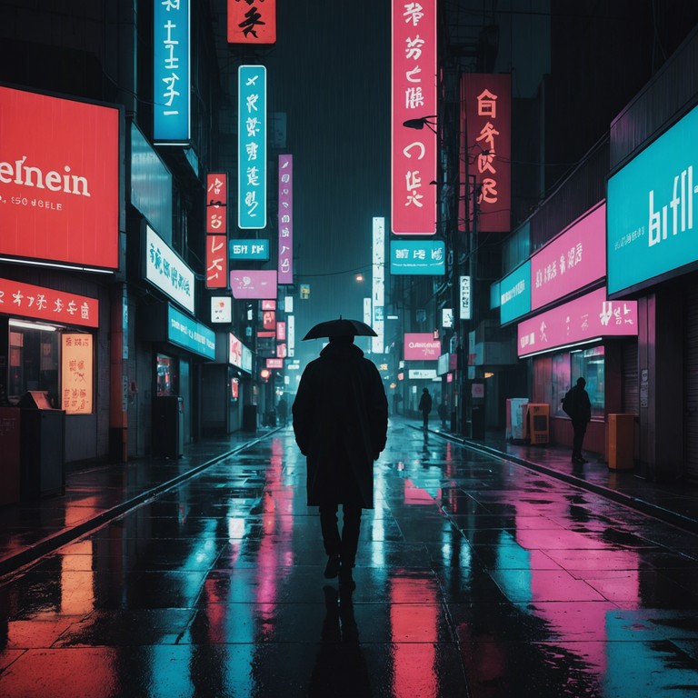 In a futuristic urban expanse, amidst towering holograms and cybernetic landscapes, sounds evoke the deep longing of a cyborg's artificial heart. The solitary cry of an electric violin cuts through the dim lit ambiance reminiscent of nighttime cityscapes, where digital rain mirrors teardrops of a lost dream