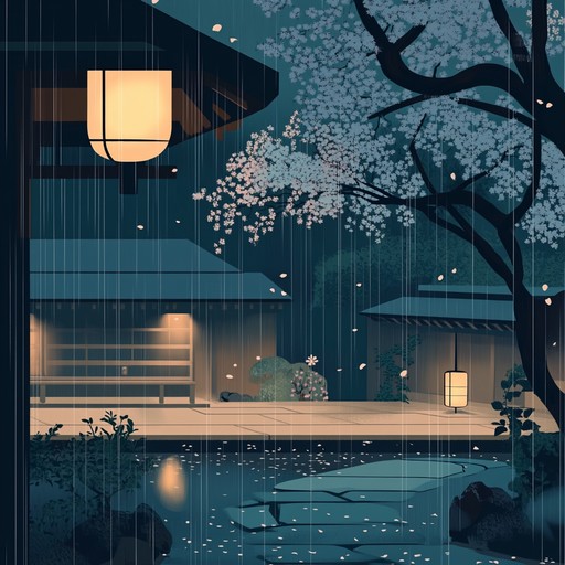 An instrumental piece with gentle melodies inspired by traditional japanese music, blending soft koto strings with modern electronic elements to evoke the peaceful ambience of a rainy night in kyoto's gardens.