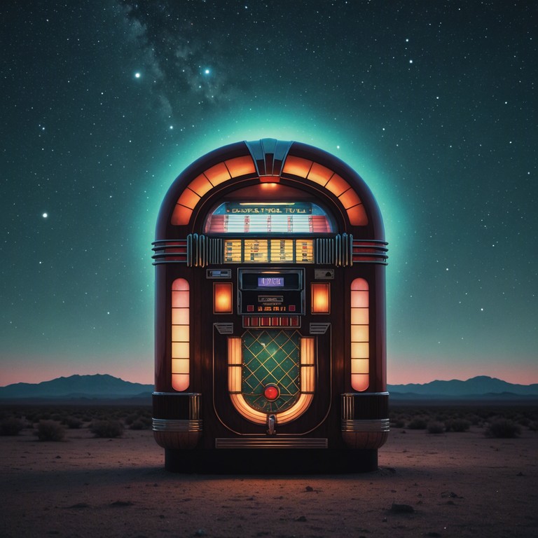 Imagine a jukebox at a distant alien diner, playing hits from earth’s golden era, reimagined with alien technology floating through an expanse of stars