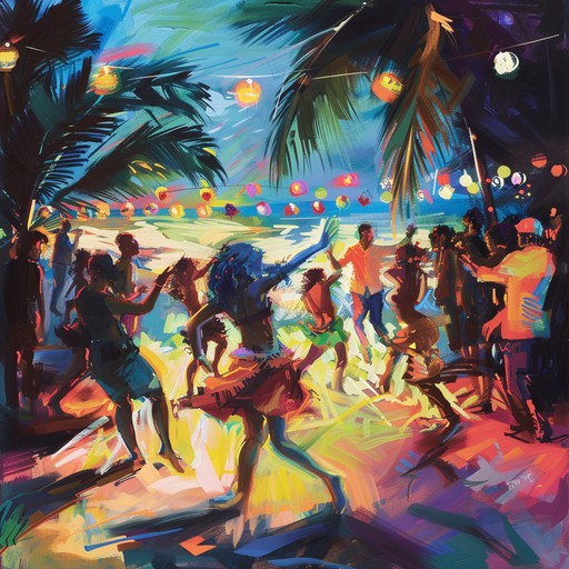 An energetic fusion of traditional percussion with contemporary cumbia rhythms creates a lively and colorful instrumental track, perfect for setting the scene of a joyful coastal dance party under the night sky.