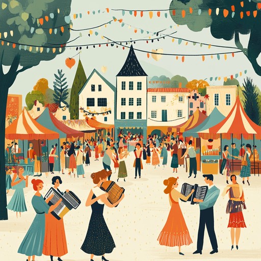 An instrumental waltz that blends european folk instruments to evoke the lively atmosphere of a bustling market square during a sunny festival, where people joyfully dance and celebrate together