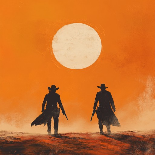 Picture a desolate desert landscape under a burning orange sunset, where two gunslingers face off. The tension is palpable, as the dusty wind blows and tumbleweeds scuttle by. The intense standoff is captured through powerful orchestrations that include strings, brass, and percussive elements, evoking the fierce spirit of the wild west. Echoes of past battles and the haunting silence of the open plains create an immersive experience, making you feel every heartbeat and bead of sweat from the unfolding drama.