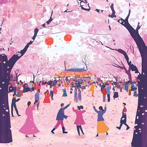 Immerse yourself in the sights and sounds of a blooming cherry blossom festivity with this energetic and joyful j pop track. The use of synthesizers and catchy beats enhances the spirit of celebration, depicting the lively atmosphere of a spring party.