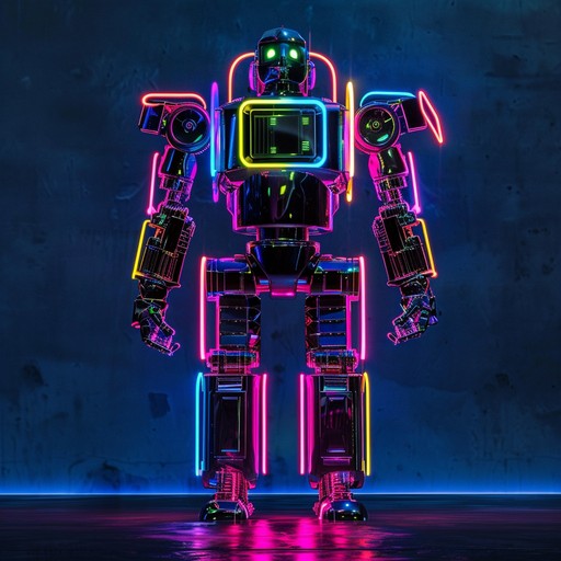 In a futuristic realm drenched in neon light, synth bells echo through monumental robotic structures. This electronic masterpiece transitions from eerie tranquility to intense crescendos, creating a cinematic experience filled with cold beauty and underlying tension.