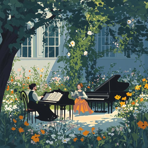 A lively baroque piece with harpsichord and strings evoking the cheerful atmosphere of a sunlit garden in bloom during spring festivities.