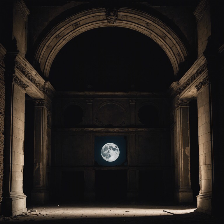 In a scene straight from a gothic novel, a ghostly orchestra gathers in the ruins of an old theater, their ethereal performance blending symphonic metal with the whispers of history. The violin leads this spectral ensemble, their sound resonating through the crumbling architecture, invoking a dramatic and melancholic atmosphere of a forgotten era.