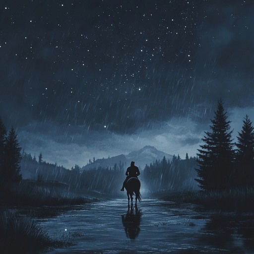 Echoing acoustic guitar melodies create a somber landscape, capturing the heartfelt essence of a solitary cowboy’s journey under a blanket of stars on a rainy night