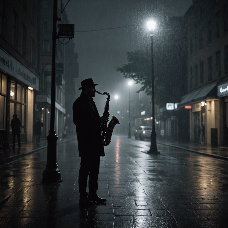 An evocative composition echoing the deep, mournful tones of a saxophone as it paints a soundscape of urban isolation and the vibrant yet poignant glow of city lights after dark.