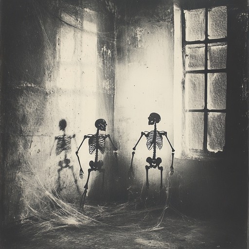 In a dark, haunted mansion, the ethereal sound of a xylophone resonates, echoing through corridors filled with age old secrets and ghostly whispers. The notes hang chillingly in the air, as if played by unseen hands, crafting a spooky atmosphere that conjures images of animated skeletons dancing to the macabre melody.