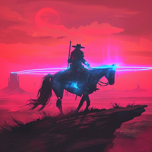 Western style galloping rhythms intertwine with futuristic synth landscapes, evoking a high tech, neon lit desert filled with mysteries and adventures for space cowboys and cyber sheriffs alike