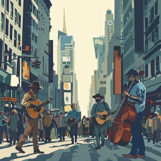 A vibrant blend of bluegrass banjo and urban beats, capturing the dynamic essence of city life. Imagine energetic banjo riffs intertwined with rhythmic foot stomps and occasional car horns to bring the city's hustle and bustle to life.