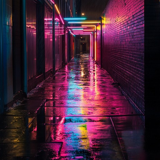 An instrumental piece using hazy synths and beats to portray a deserted urban landscape illuminated by flickering lights.