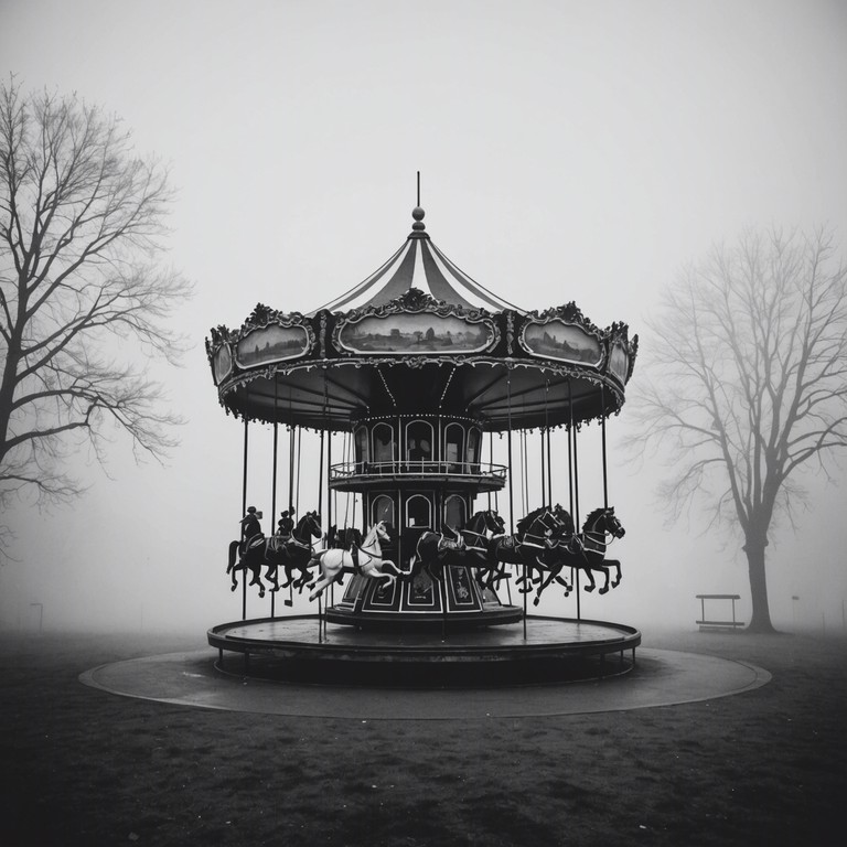 Imagine a foggy evening where ghostly echoes of children's past laughter and playful shouts gently ripple through the abandoned swings and slides of an old playground, underlining a sense of lost innocence and eerie abandonment.