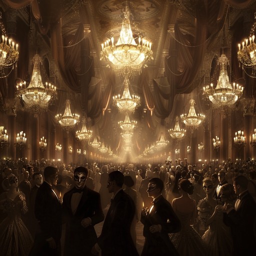 A deeply atmospheric and enigmatic composition that drips with the mysterious ambiance of a grand yet shadowy ballroom. The melodies carry hidden secrets and whisperings of bygone eras, layering an eerie yet captivating soundscape as they unfold in the dim light of a midnight gathering.