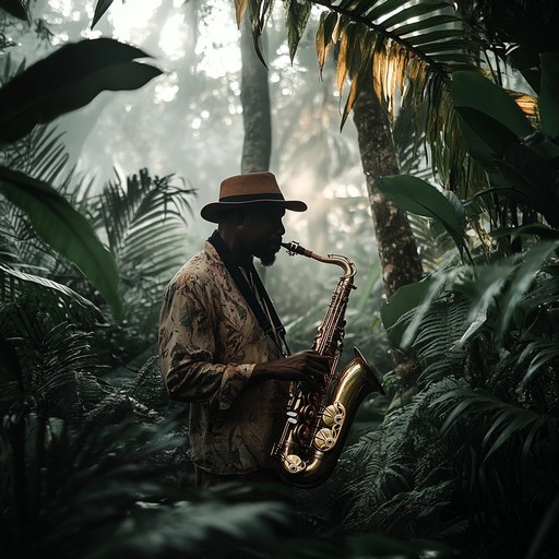 An enchanting combination of tropical percussions and mystical saxophone melodies, creating an exotic jazz piece that transports listeners to a hidden paradise.