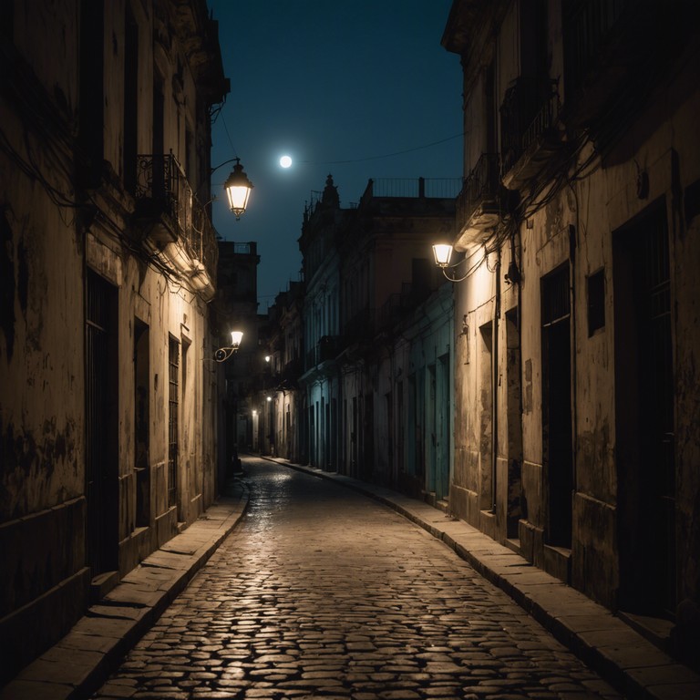 Capture the essence of a moonlit wander through havana's storied streets, where every shadow whispers secrets of the past, driven by the deep, rich beats of afro cuban congas.