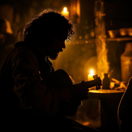 Under the moon's glow, each string's twang fills the air with eerie tales of forgotten lore and daunting quests through mist covered cobblestone paths.