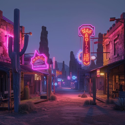 Futuristic cowboy duel enhanced by neon lights, featuring digital noise and eccentric banjo riffs. It’s a chaotic yet entertaining soundscape where the old meets the new.