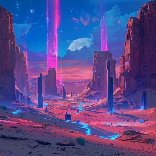 A journey through the soundscapes of a neon lit future in the middle east, where traditional instruments like the oud blend seamlessly with cutting edge synthesizers and driving electronic beats. The resulting track creates an enigmatic and powerful atmosphere, perfect for a sci fi desert adventure.