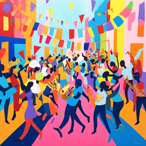 A festive blend of traditional latin rhythms invites listeners to a spirited street dance, filled with energetic percussion and infectious joy, embodying the heart of a latin carnival celebration.