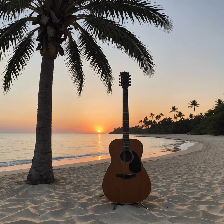 A harmonious blend of soft guitar strings playing under the lazy sun, with melodies that transport the listener directly to a peaceful beach setting, where the vibe is always summery and the air whispers tales of tranquility.