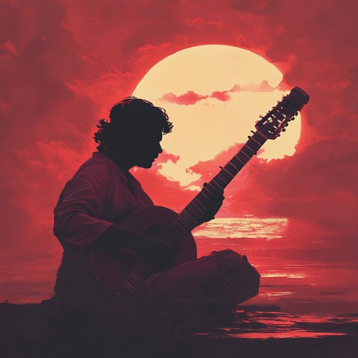 An instrumental piece that passionately merges the soulful melodies of indian raga with the raw power of rock music, featuring intense sitar and electric guitar interplay, creating a mystical and energetic soundscape that uplifts and ignites the listener's spirit.