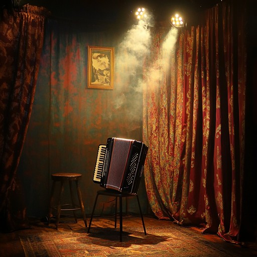 A captivating instrumental cabaret piece that blends sultry accordion melodies with exotic middle eastern scales, evoking a mysterious and alluring atmosphere reminiscent of smoky bars and hidden lounges