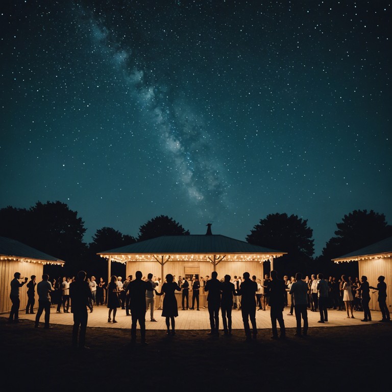 Imagine a clear, starlit night where the cool air is filled with the lively sounds of a vibrant swing tune, echoing the joys and escapades of the 1940s swing era but with a whimsical, cosmic twist. The music dances between traditional swing elements and explorative, spacey echoes that give it a modern edge.